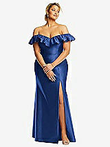 Front View Thumbnail - Classic Blue Off-the-Shoulder Ruffle Neck Satin Trumpet Gown