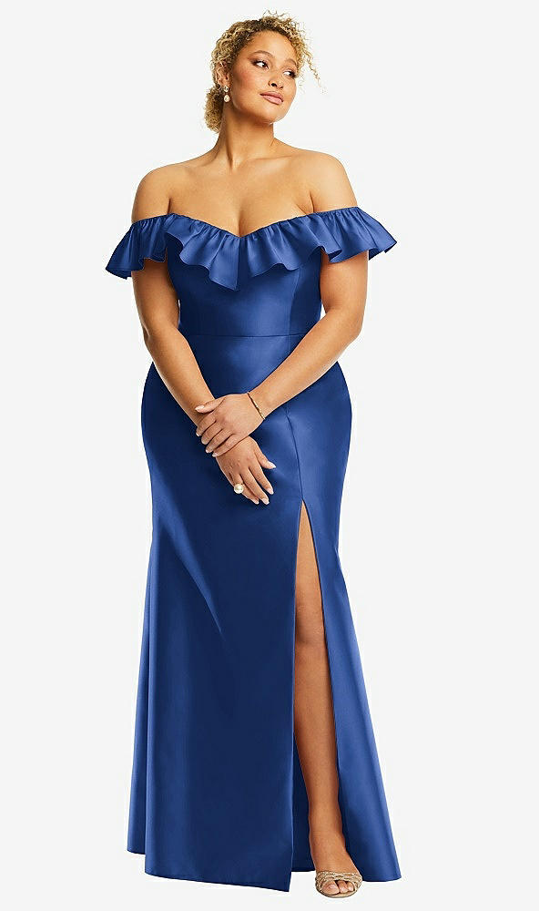 Front View - Classic Blue Off-the-Shoulder Ruffle Neck Satin Trumpet Gown
