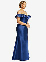 Side View Thumbnail - Classic Blue Off-the-Shoulder Ruffle Neck Satin Trumpet Gown