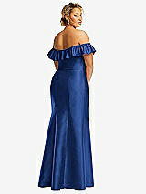Rear View Thumbnail - Classic Blue Off-the-Shoulder Ruffle Neck Satin Trumpet Gown