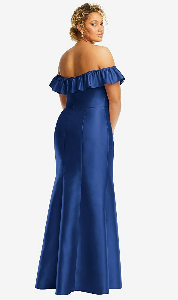 Back View - Classic Blue Off-the-Shoulder Ruffle Neck Satin Trumpet Gown