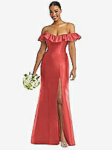 Alt View 1 Thumbnail - Perfect Coral Off-the-Shoulder Ruffle Neck Satin Trumpet Gown