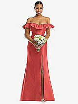 Alt View 2 Thumbnail - Perfect Coral Off-the-Shoulder Ruffle Neck Satin Trumpet Gown
