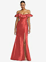 Alt View 3 Thumbnail - Perfect Coral Off-the-Shoulder Ruffle Neck Satin Trumpet Gown