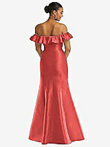 Alt View 5 Thumbnail - Perfect Coral Off-the-Shoulder Ruffle Neck Satin Trumpet Gown