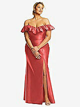Front View Thumbnail - Perfect Coral Off-the-Shoulder Ruffle Neck Satin Trumpet Gown