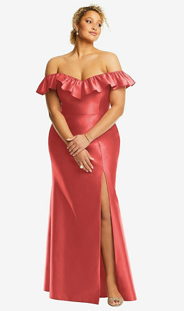 Front View - Perfect Coral Off-the-Shoulder Ruffle Neck Satin Trumpet Gown