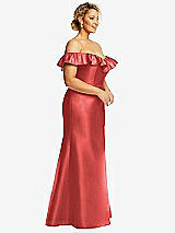 Side View Thumbnail - Perfect Coral Off-the-Shoulder Ruffle Neck Satin Trumpet Gown