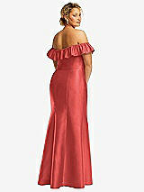 Rear View Thumbnail - Perfect Coral Off-the-Shoulder Ruffle Neck Satin Trumpet Gown
