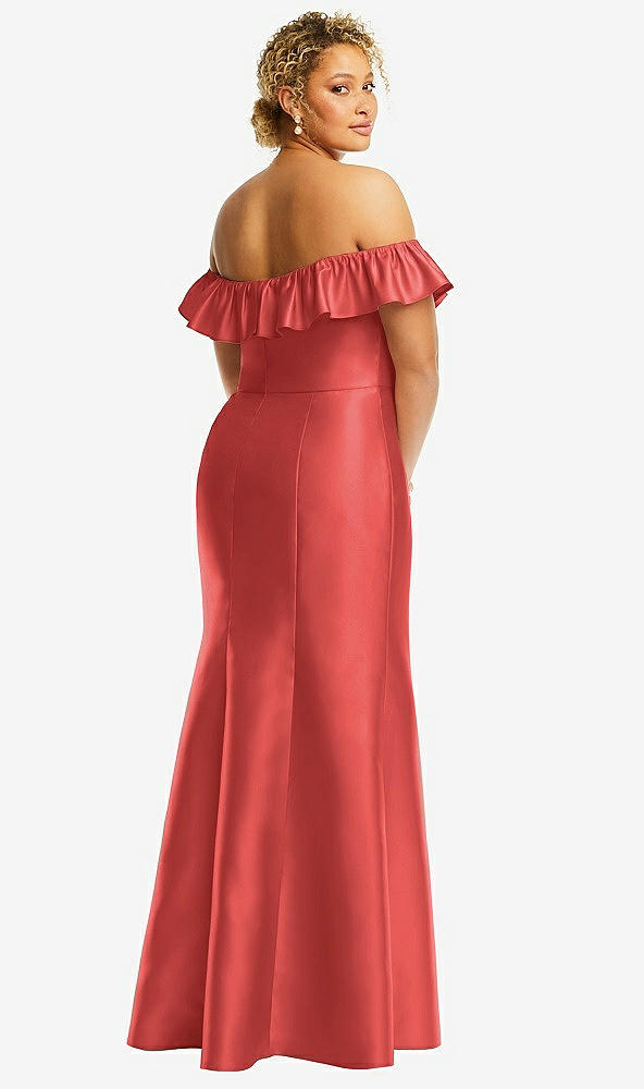 Back View - Perfect Coral Off-the-Shoulder Ruffle Neck Satin Trumpet Gown