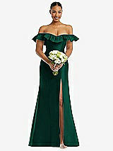 Alt View 2 Thumbnail - Hunter Green Off-the-Shoulder Ruffle Neck Satin Trumpet Gown