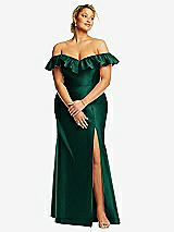 Front View Thumbnail - Hunter Green Off-the-Shoulder Ruffle Neck Satin Trumpet Gown