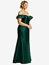 Side View Thumbnail - Hunter Green Off-the-Shoulder Ruffle Neck Satin Trumpet Gown