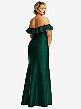 Rear View Thumbnail - Hunter Green Off-the-Shoulder Ruffle Neck Satin Trumpet Gown
