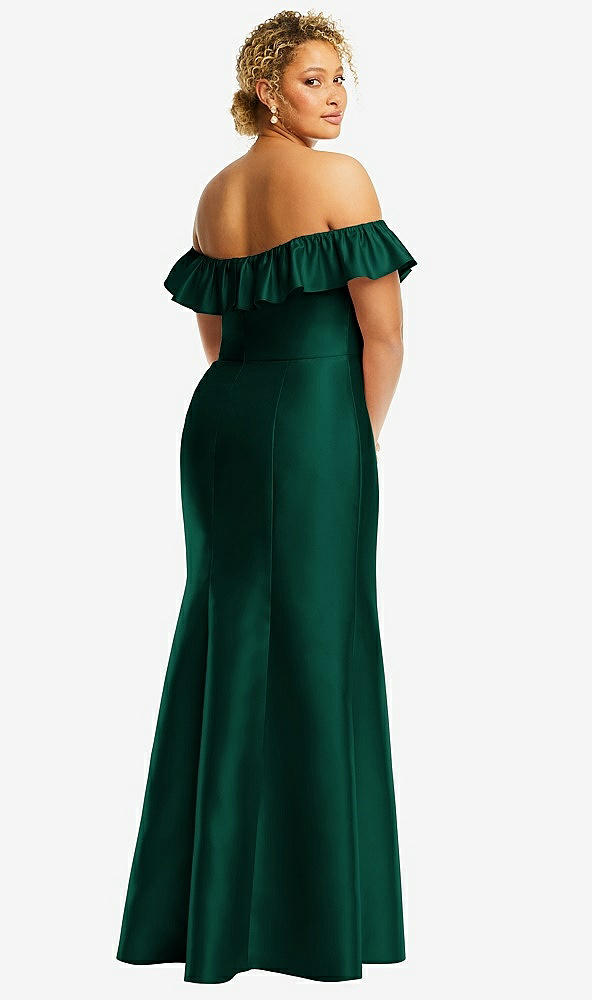 Back View - Hunter Green Off-the-Shoulder Ruffle Neck Satin Trumpet Gown