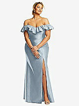 Front View Thumbnail - Mist Off-the-Shoulder Ruffle Neck Satin Trumpet Gown
