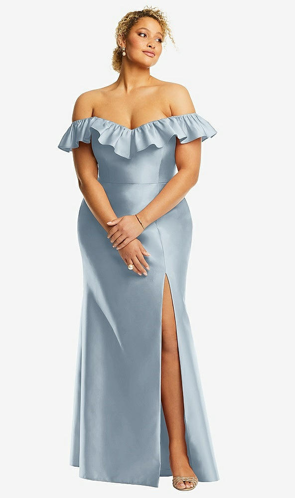 Front View - Mist Off-the-Shoulder Ruffle Neck Satin Trumpet Gown