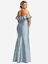 Rear View Thumbnail - Mist Off-the-Shoulder Ruffle Neck Satin Trumpet Gown