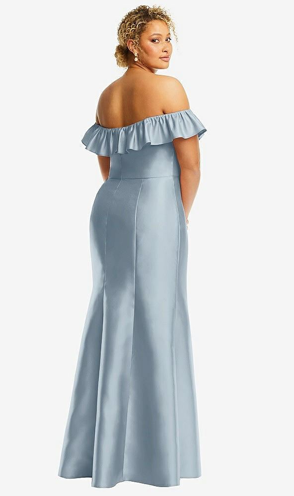 Back View - Mist Off-the-Shoulder Ruffle Neck Satin Trumpet Gown