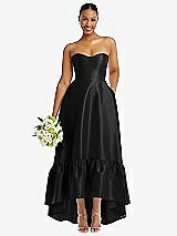 Front View Thumbnail - Black Strapless Deep Ruffle Hem Satin High Low Dress with Pockets