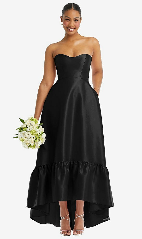 Front View - Black Strapless Deep Ruffle Hem Satin High Low Dress with Pockets