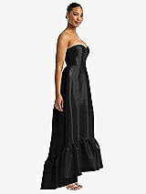 Side View Thumbnail - Black Strapless Deep Ruffle Hem Satin High Low Dress with Pockets