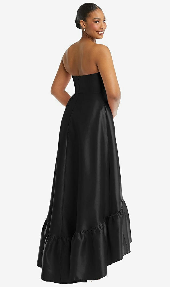 Back View - Black Strapless Deep Ruffle Hem Satin High Low Dress with Pockets