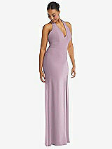 Alt View 1 Thumbnail - Suede Rose Plunge Neck Halter Backless Trumpet Gown with Front Slit