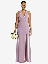 Alt View 2 Thumbnail - Suede Rose Plunge Neck Halter Backless Trumpet Gown with Front Slit