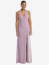 Front View Thumbnail - Suede Rose Plunge Neck Halter Backless Trumpet Gown with Front Slit
