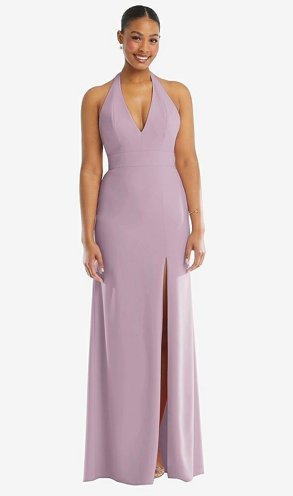 Front View - Suede Rose Plunge Neck Halter Backless Trumpet Gown with Front Slit