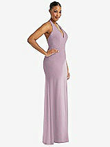 Side View Thumbnail - Suede Rose Plunge Neck Halter Backless Trumpet Gown with Front Slit
