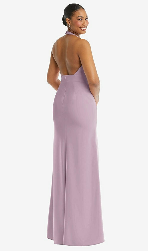 Back View - Suede Rose Plunge Neck Halter Backless Trumpet Gown with Front Slit