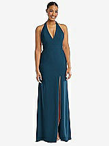 Front View Thumbnail - Atlantic Blue Plunge Neck Halter Backless Trumpet Gown with Front Slit