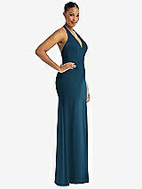 Side View Thumbnail - Atlantic Blue Plunge Neck Halter Backless Trumpet Gown with Front Slit