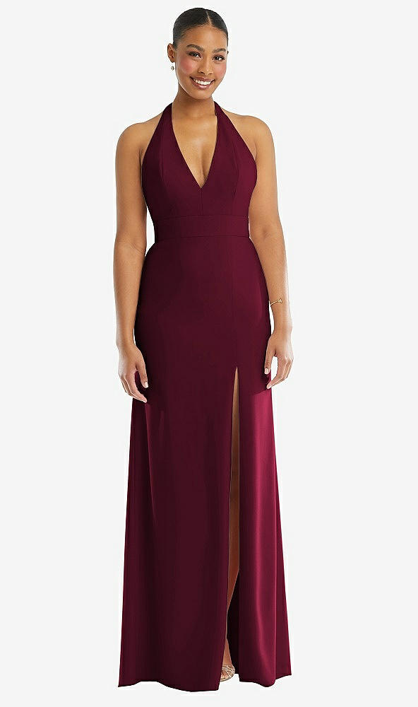 Front View - Cabernet Plunge Neck Halter Backless Trumpet Gown with Front Slit