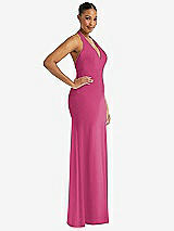 Side View Thumbnail - Tea Rose Plunge Neck Halter Backless Trumpet Gown with Front Slit