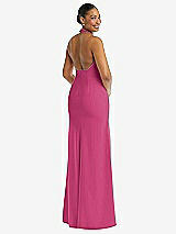 Rear View Thumbnail - Tea Rose Plunge Neck Halter Backless Trumpet Gown with Front Slit