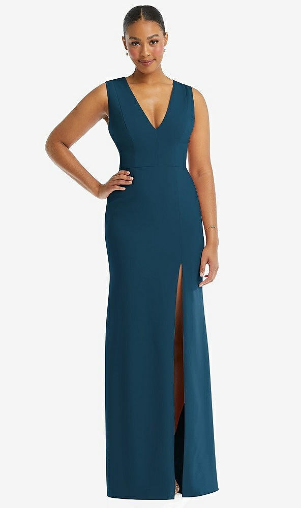 Front View - Atlantic Blue Deep V-Neck Closed Back Crepe Trumpet Gown with Front Slit