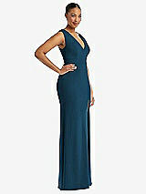 Side View Thumbnail - Atlantic Blue Deep V-Neck Closed Back Crepe Trumpet Gown with Front Slit