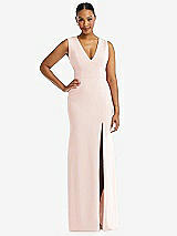 Front View Thumbnail - Blush Deep V-Neck Closed Back Crepe Trumpet Gown with Front Slit