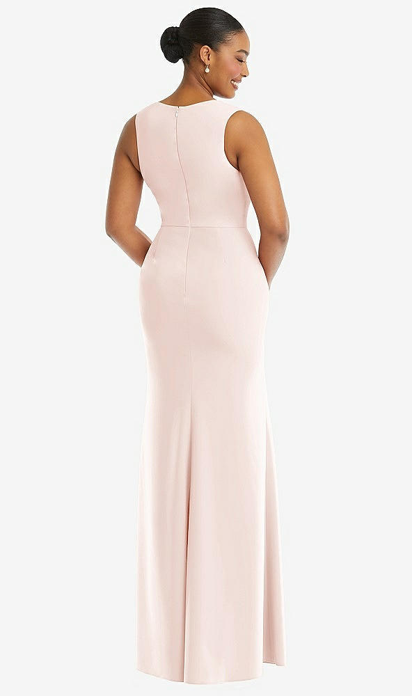 Back View - Blush Deep V-Neck Closed Back Crepe Trumpet Gown with Front Slit