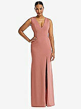 Front View Thumbnail - Desert Rose Deep V-Neck Closed Back Crepe Trumpet Gown with Front Slit