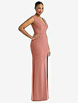 Side View Thumbnail - Desert Rose Deep V-Neck Closed Back Crepe Trumpet Gown with Front Slit