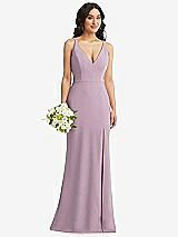 Alt View 1 Thumbnail - Suede Rose Skinny Strap Deep V-Neck Crepe Trumpet Gown with Front Slit