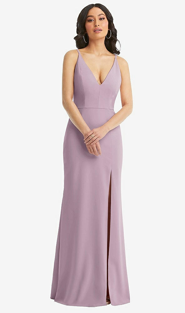 Front View - Suede Rose Skinny Strap Deep V-Neck Crepe Trumpet Gown with Front Slit