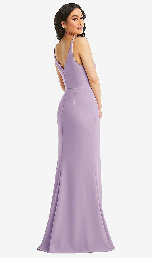 Back View - Pale Purple Skinny Strap Deep V-Neck Crepe Trumpet Gown with Front Slit
