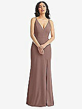 Front View Thumbnail - Sienna Skinny Strap Deep V-Neck Crepe Trumpet Gown with Front Slit