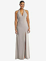 Front View Thumbnail - Taupe Plunge Neck Halter Backless Trumpet Gown with Front Slit