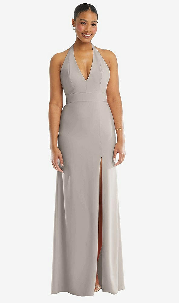 Front View - Taupe Plunge Neck Halter Backless Trumpet Gown with Front Slit